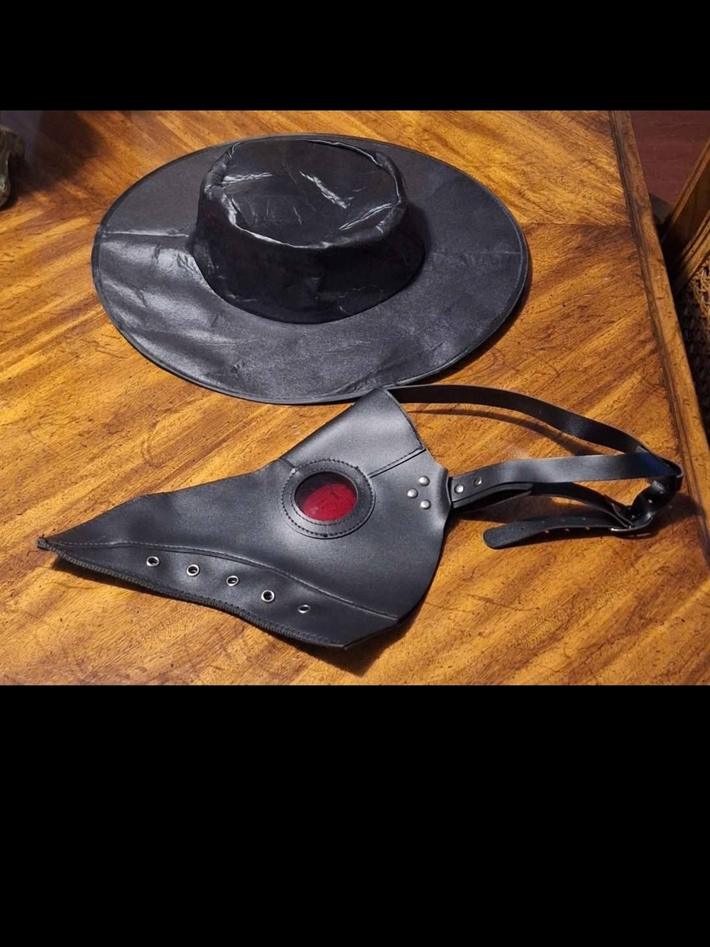 Black Faux Leather Plague Doctor Mask with Matching Hat